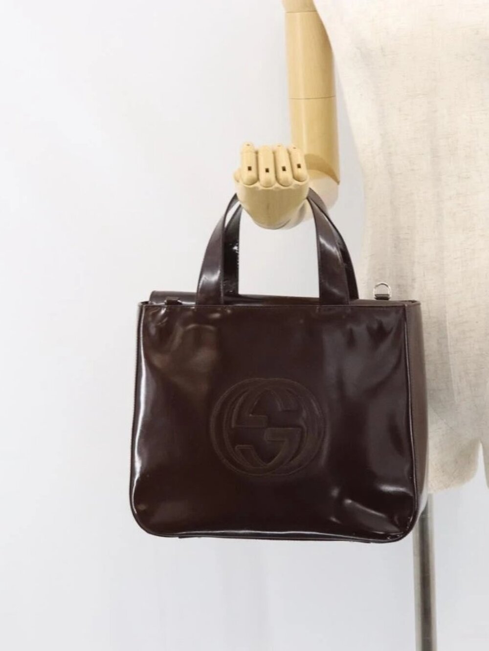 GUCCI Hand Bag Enamel Brown Silver 000 1013 0504 Auth gh1513